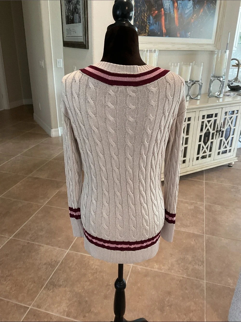 BOston Proper cable knit long sweater, v neck, oatmeal/wine/pink, size M